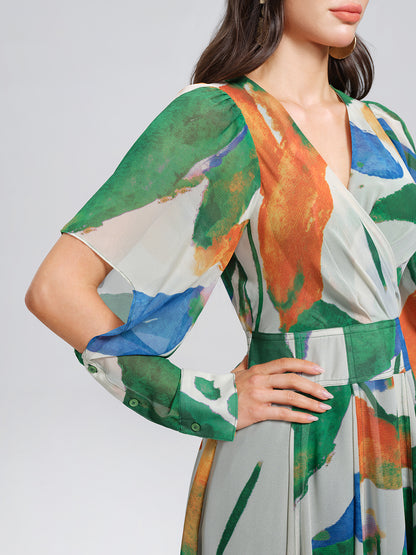 V-Neck Painterly Print Batwing Sleeve Dress