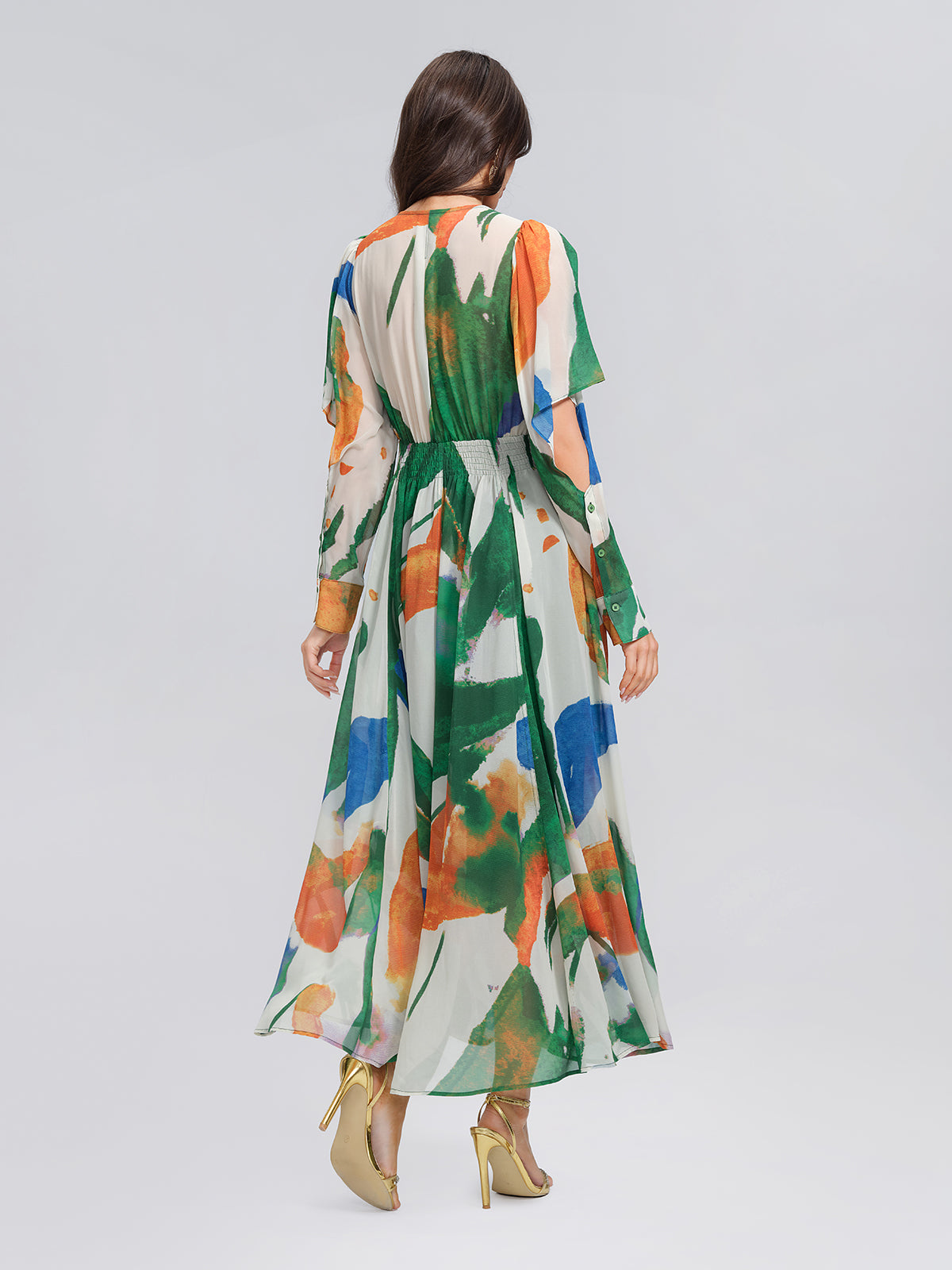 V-Neck Painterly Print Batwing Sleeve Dress