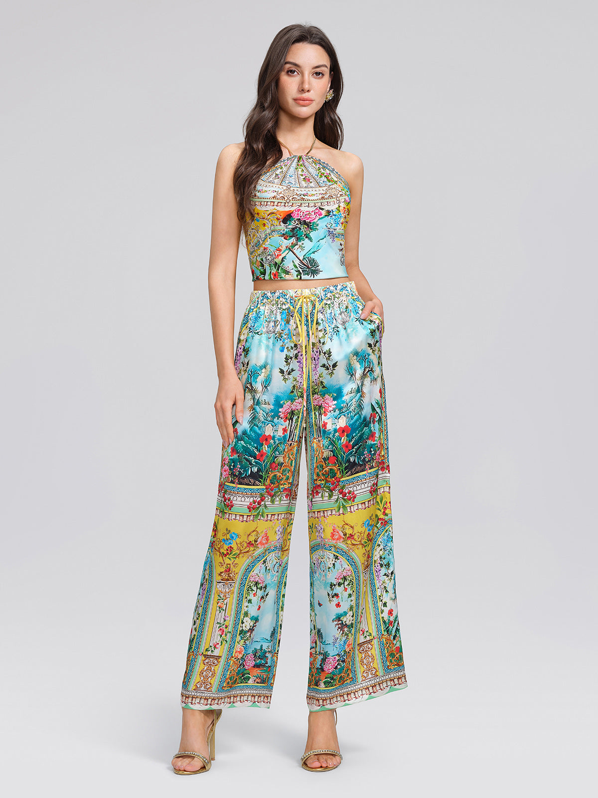 100% Silk Manor Print Halter Scarf (Necklace not included)