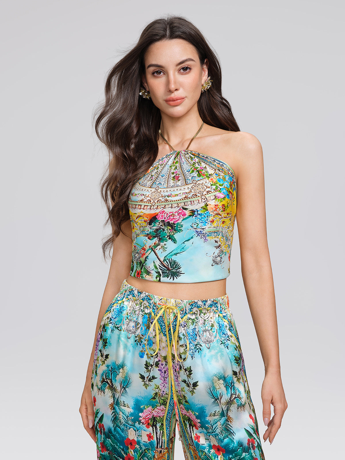 100% Silk Manor Print Halter Scarf (Necklace not included)