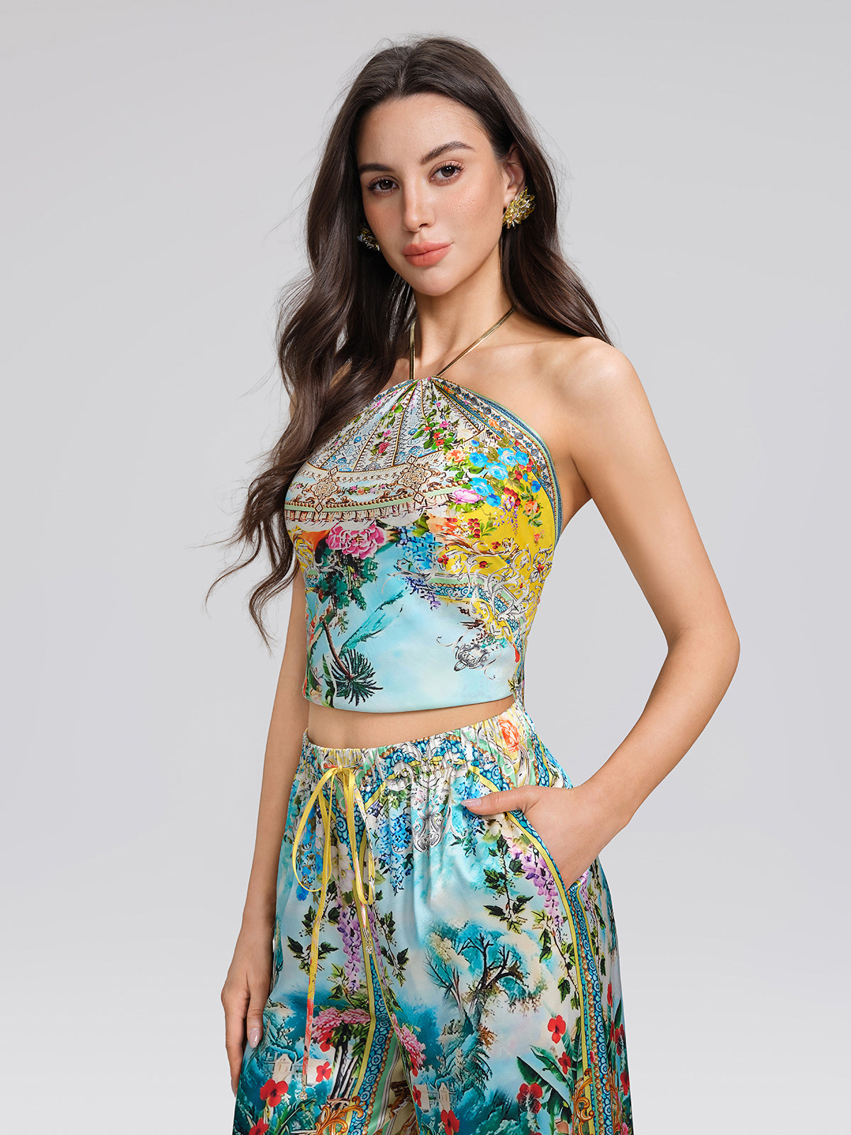 100% Silk Manor Print Halter Scarf (Necklace not included)