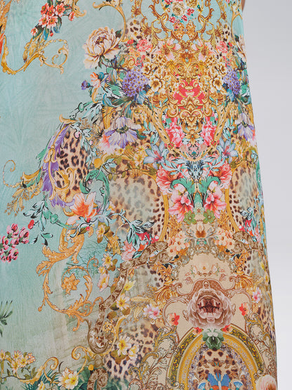 100% Silk Leopard Floral Rhinestone Asymmetric Hem Dress