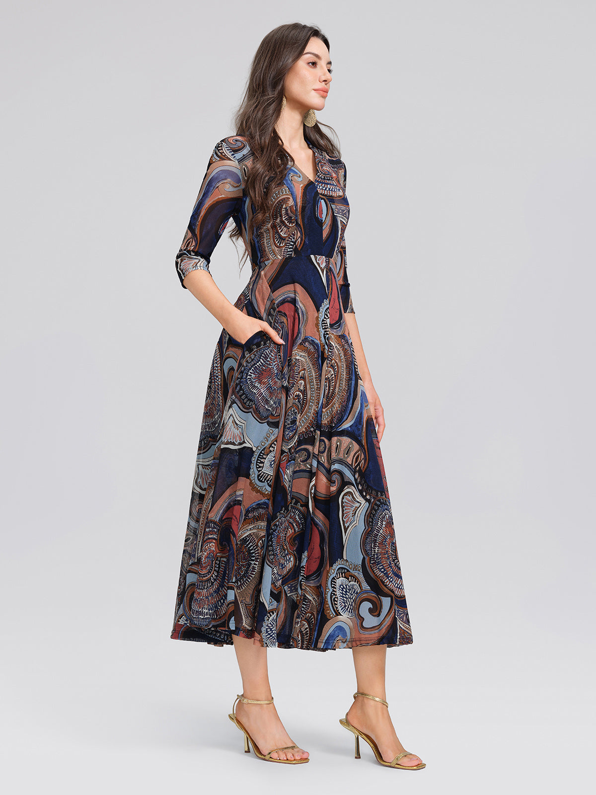 Stretch Mesh Retro Paisley Print High-waist A-line Dress