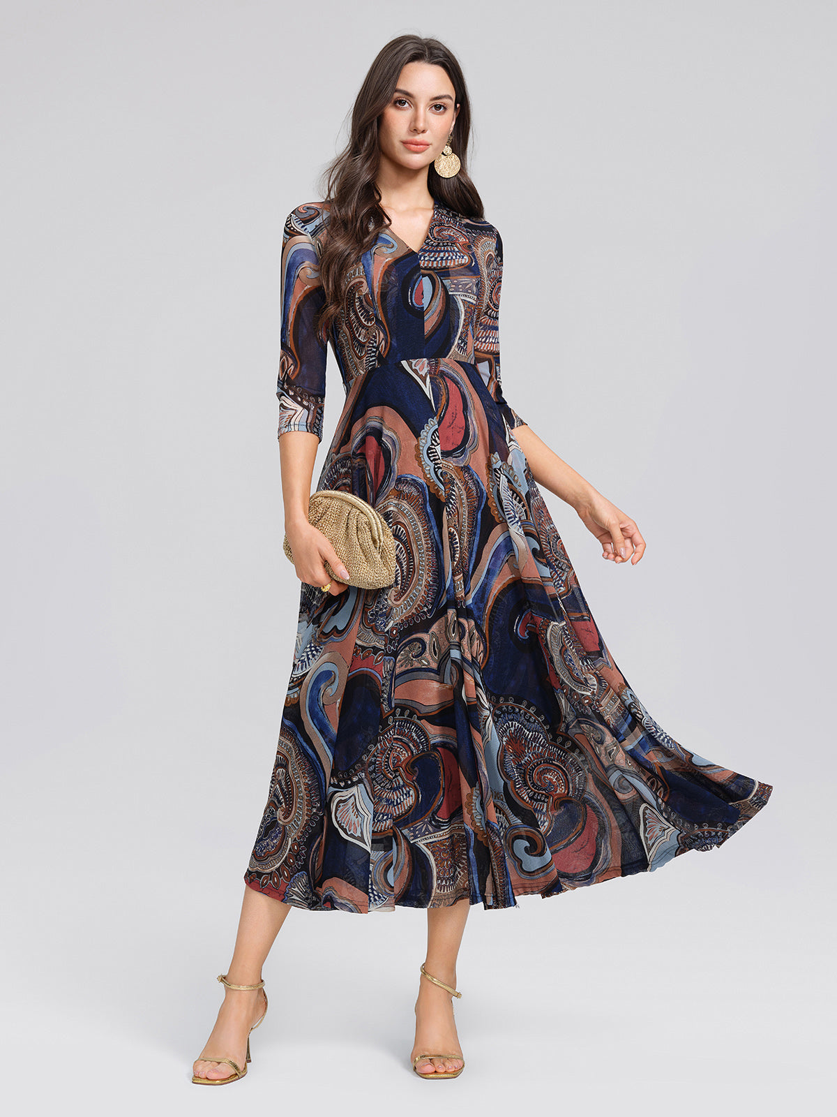Stretch Mesh Retro Paisley Print High-waist A-line Dress