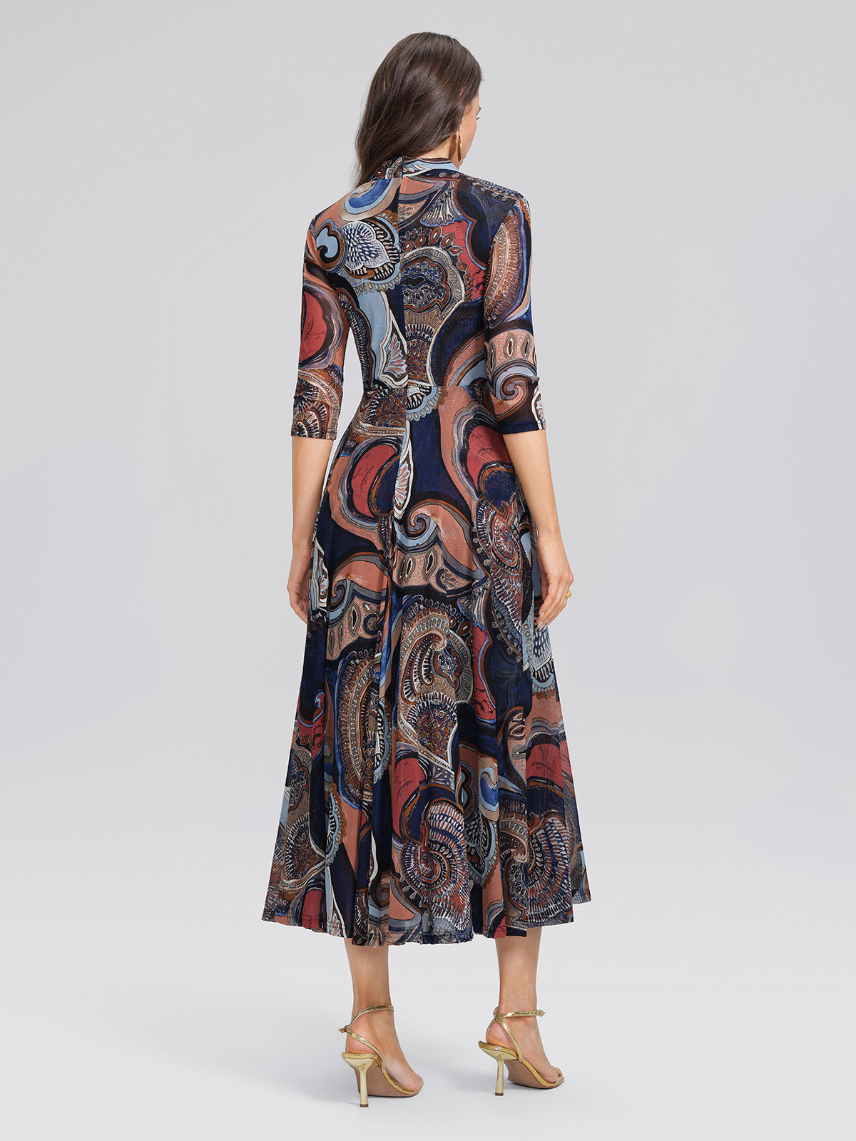 Stretch Mesh Retro Paisley Print High-waist A-line Dress