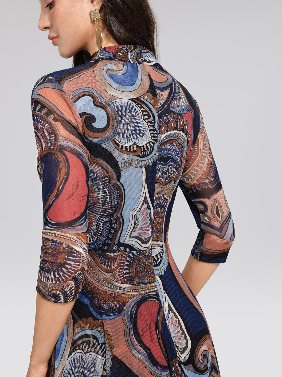 Stretch Mesh Retro Paisley Print High-waist A-line Dress