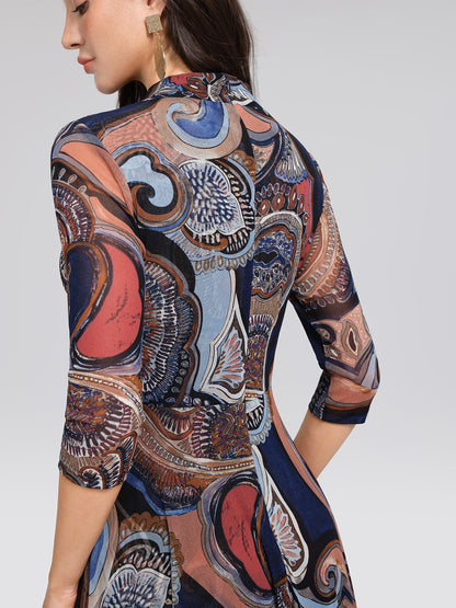 Stretch Mesh Retro Paisley Print High-waist A-line Dress