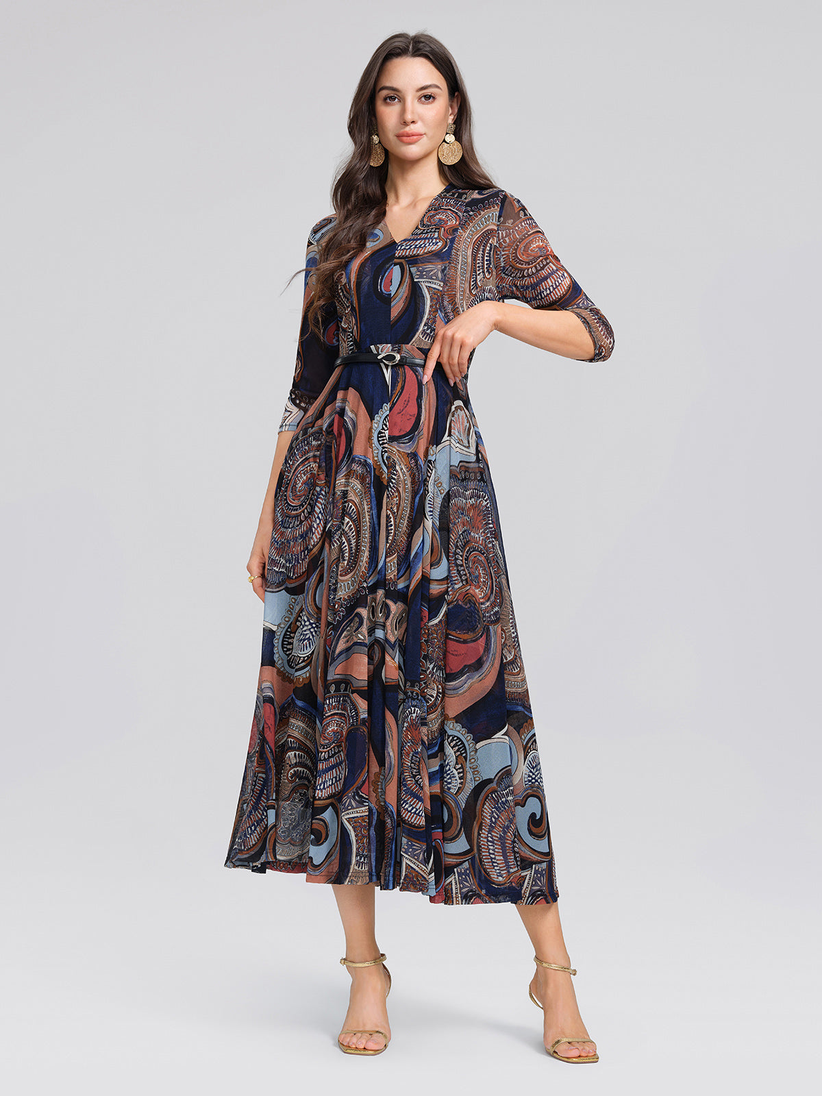 Stretch Mesh Retro Paisley Print High-waist A-line Dress