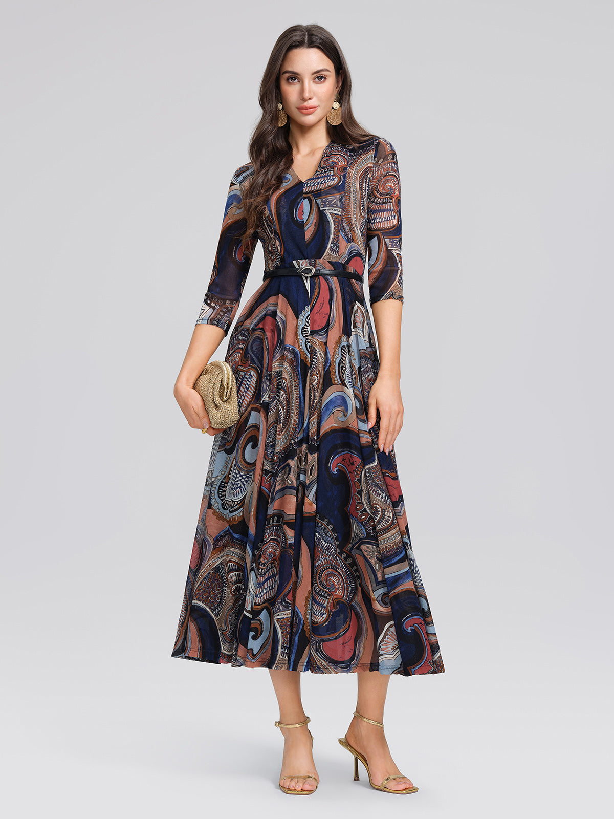 Stretch Mesh Retro Paisley Print High-waist A-line Dress
