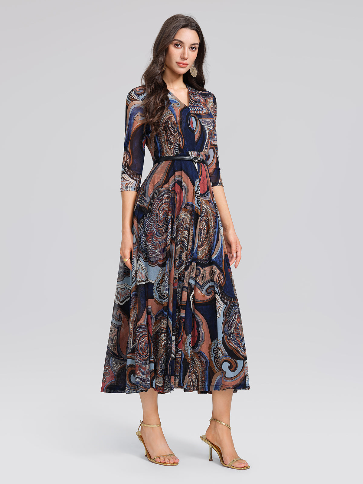 Stretch Mesh Retro Paisley Print High-waist A-line Day & Resort Dress, FLORAL Black / M