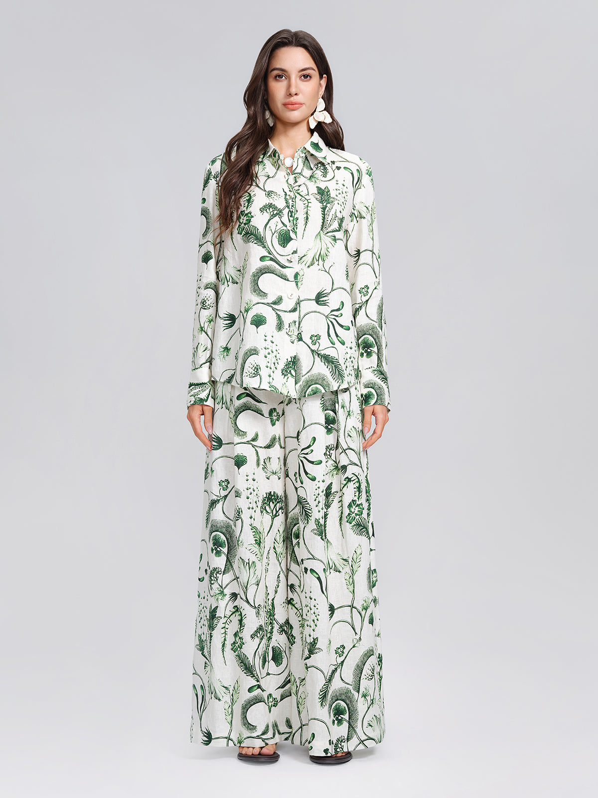100% Linen Hand Painted Greenery Print Shirt