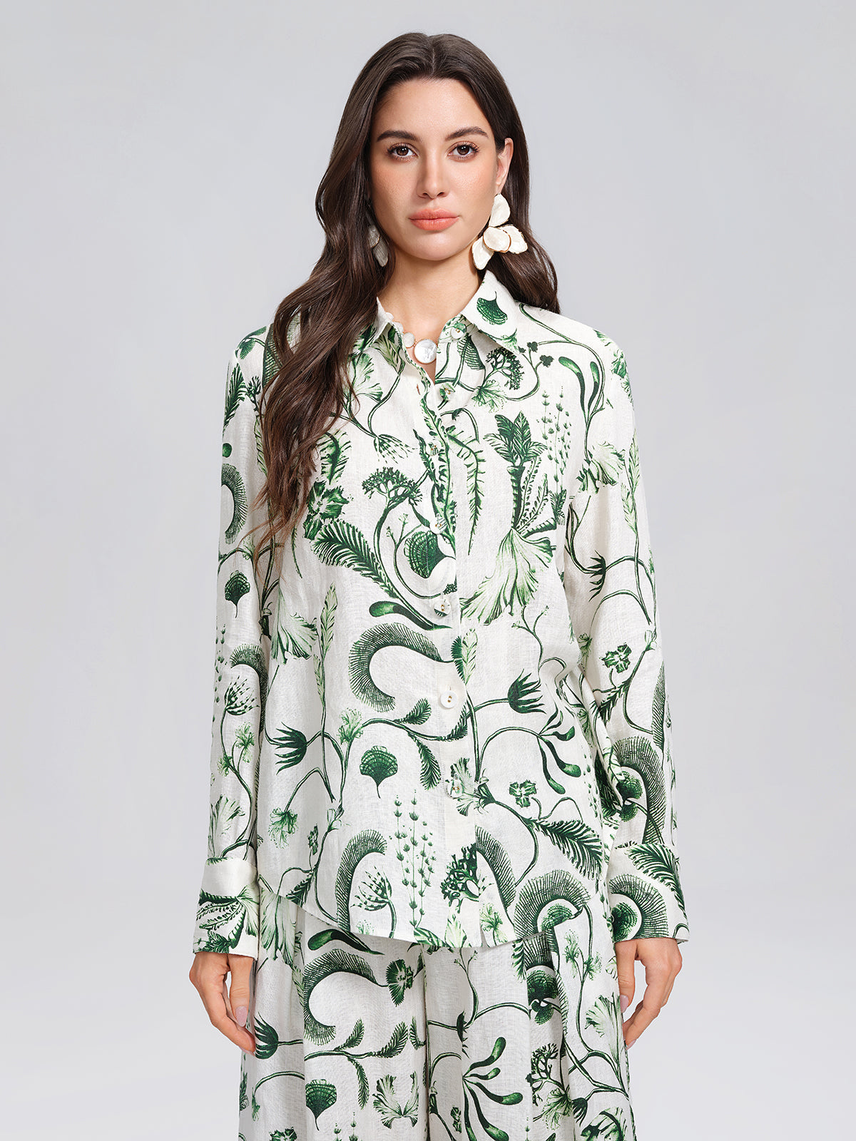 100% Linen Hand Painted Greenery Print Shirt