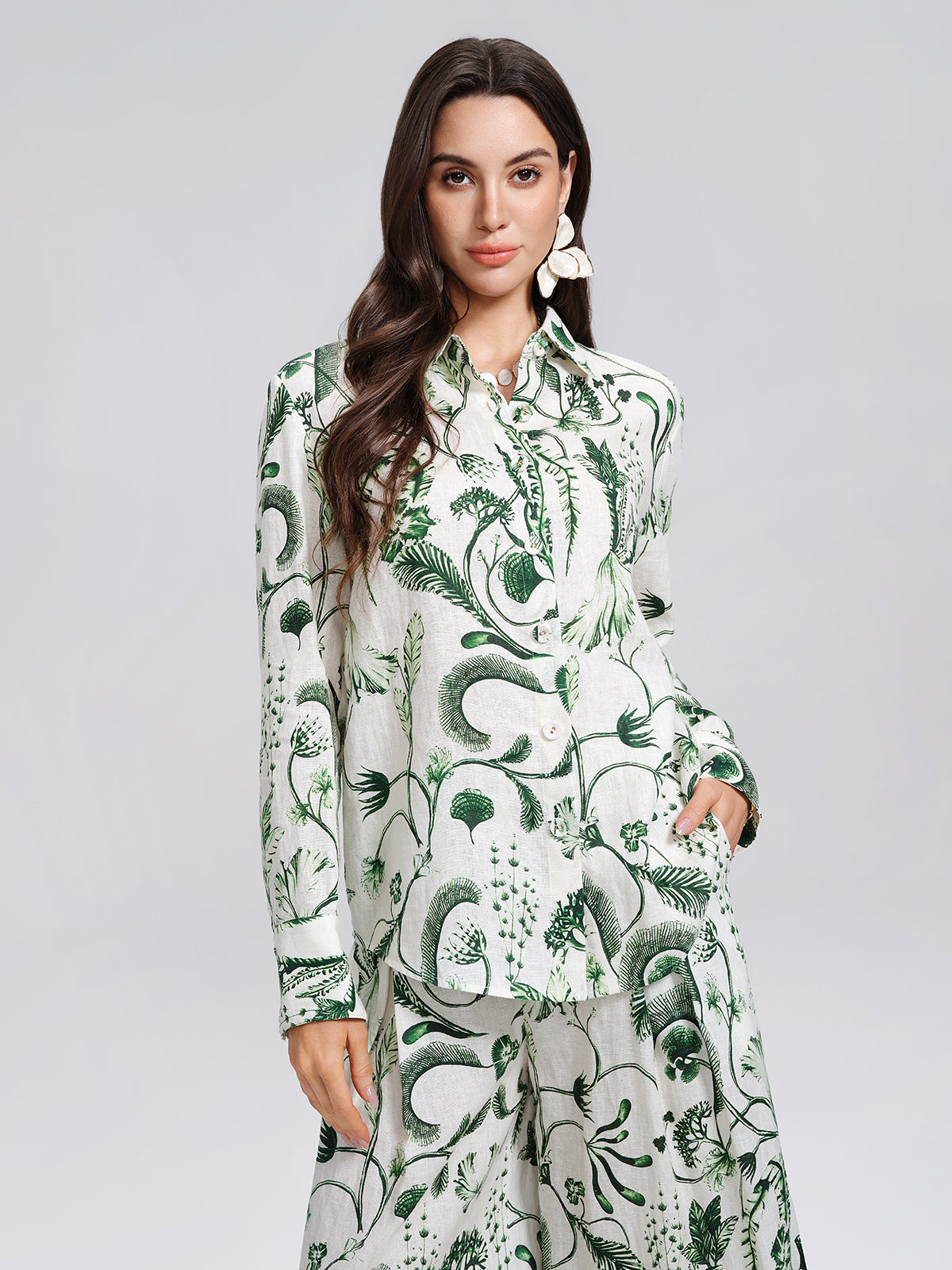 100% Linen Hand Painted Greenery Print Shirt
