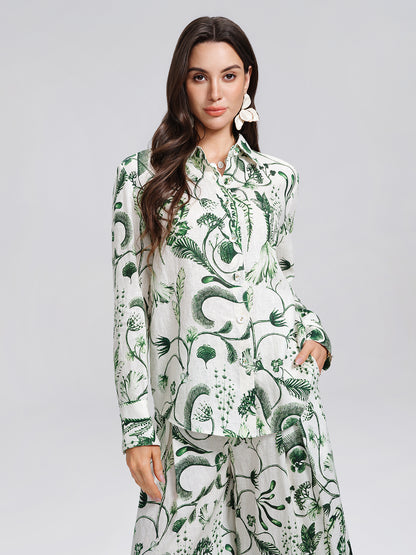 100% Linen Hand Painted Greenery Print Shirt