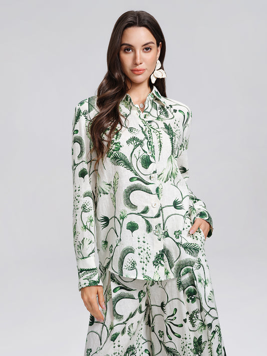 100% Linen Hand Painted Greenery Print Shirt