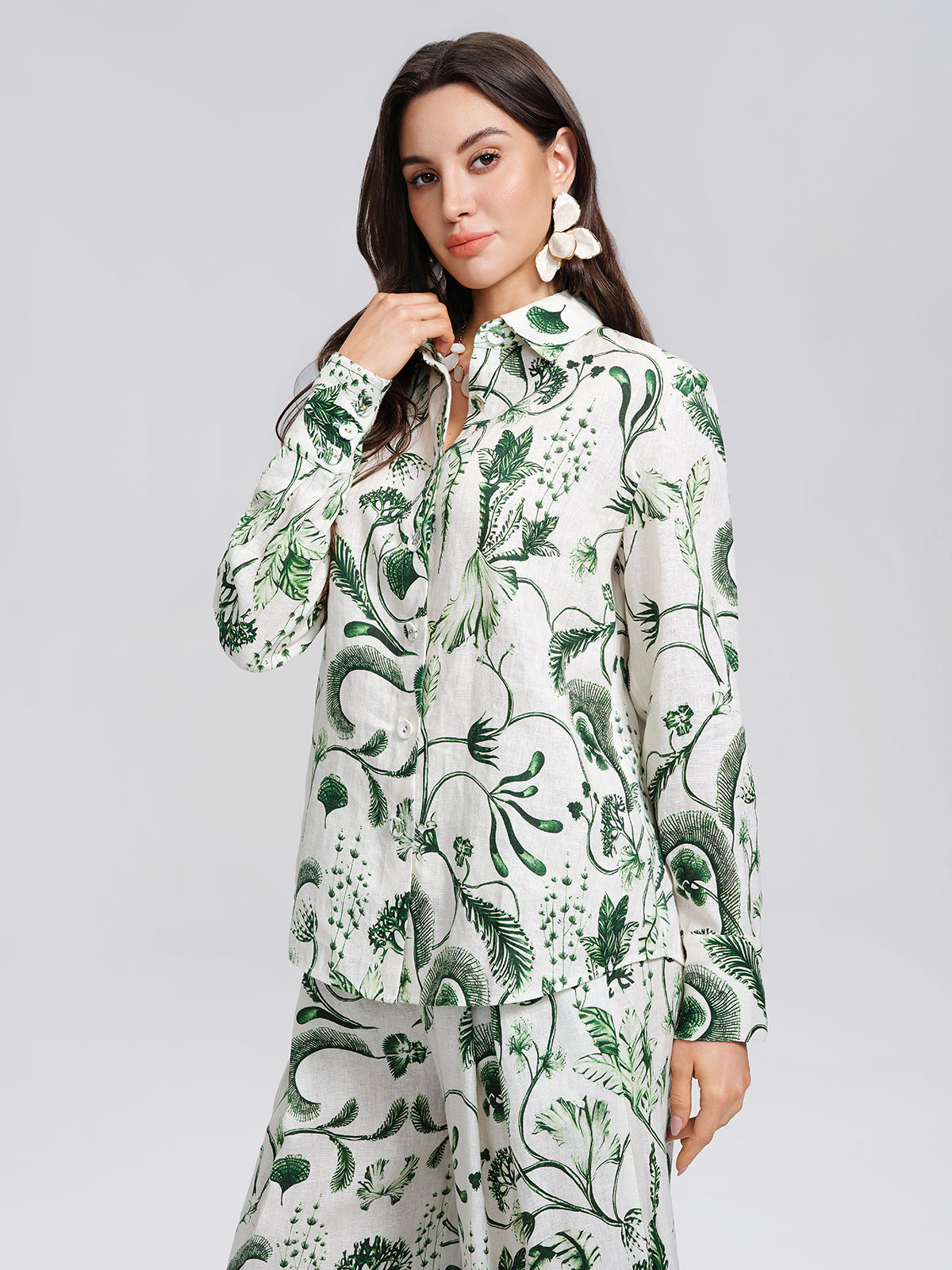 100% Linen Hand Painted Greenery Print Shirt