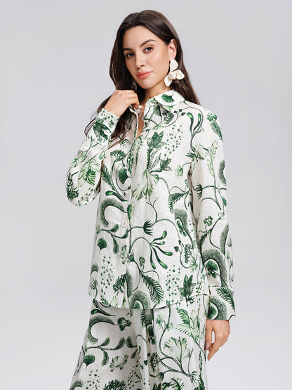 100% Linen Hand Painted Greenery Print Shirt