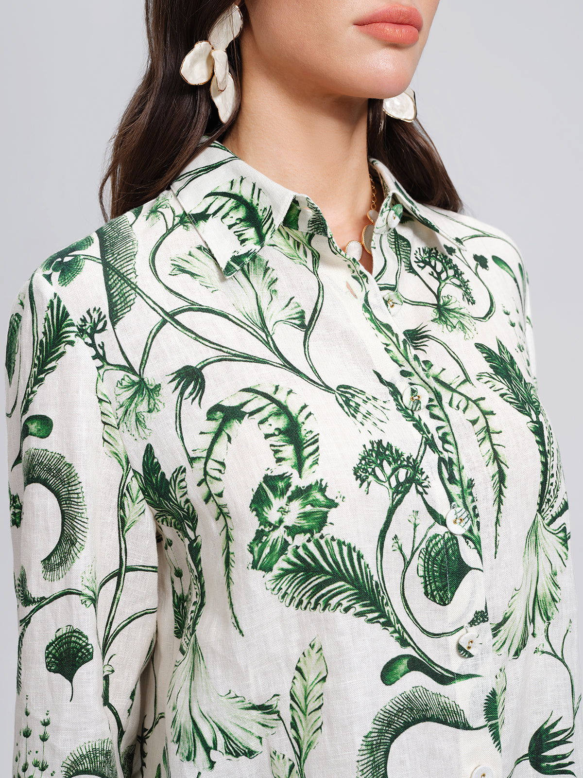 100% Linen Hand Painted Greenery Print Shirt