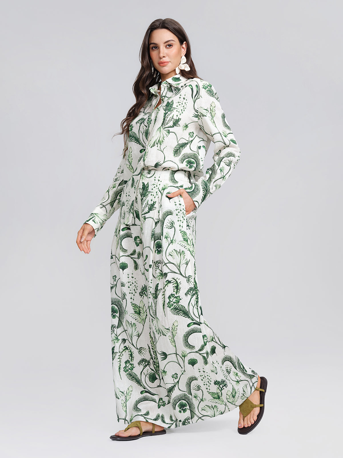 100% Linen Hand Painted Greenery Print Shirt