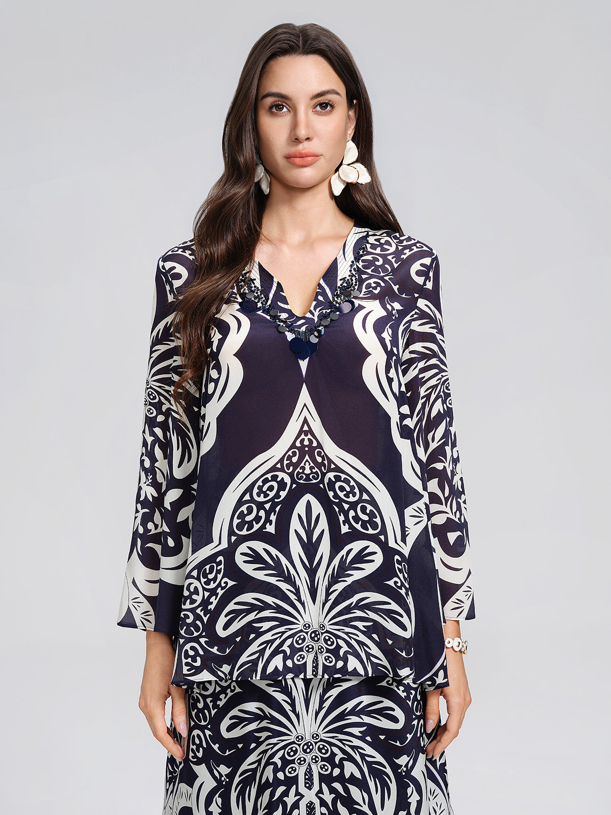 100% Silk Beaded Ethnic Paisley Print Blouse