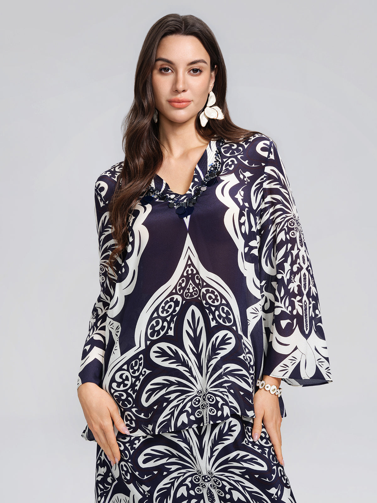 100% Silk Beaded Ethnic Paisley Print Blouse