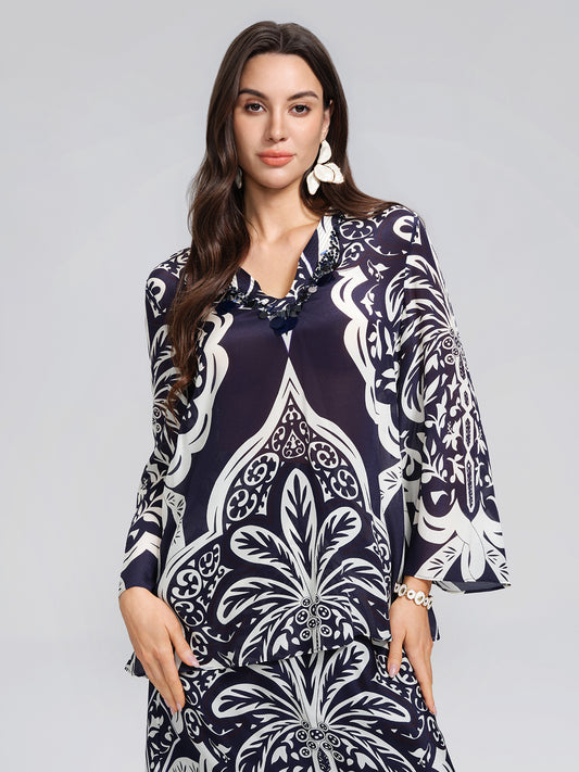 100% Silk Beaded Ethnic Paisley Print Blouse