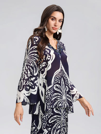 100% Silk Beaded Ethnic Paisley Print Blouse