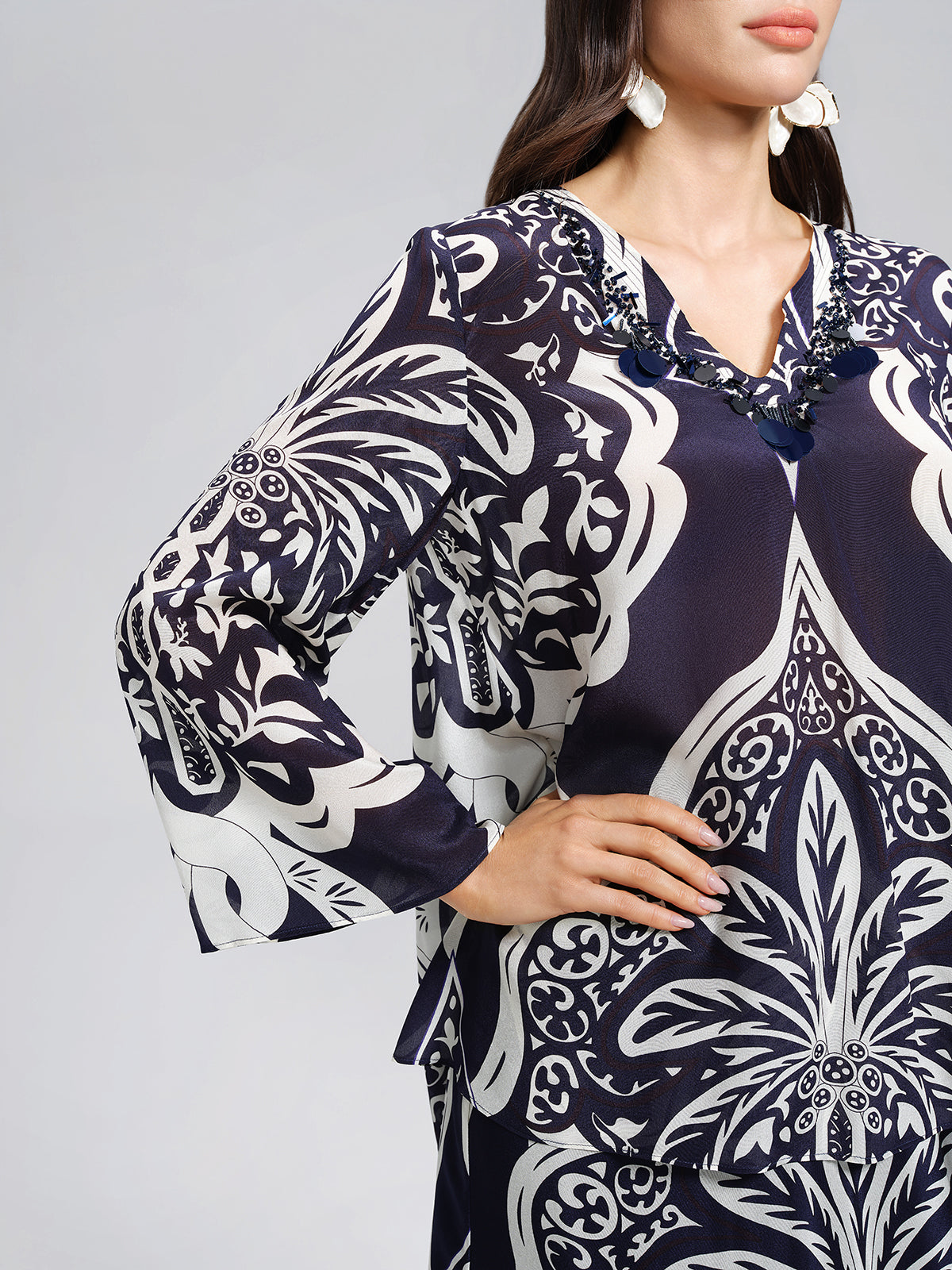 100% Silk Beaded Ethnic Paisley Print Blouse