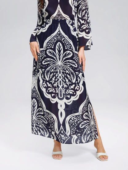 Silk Ethnic-Inspired Paisley Print Elastic Waist Skirt