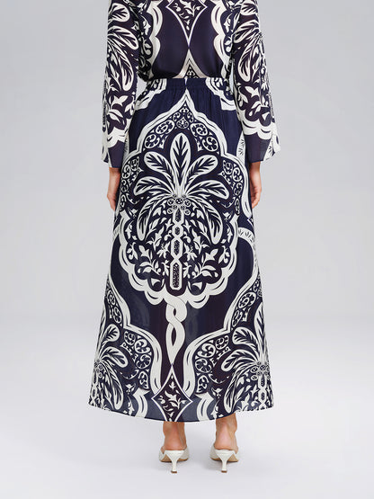 Silk Ethnic-Inspired Paisley Print Elastic Waist Skirt