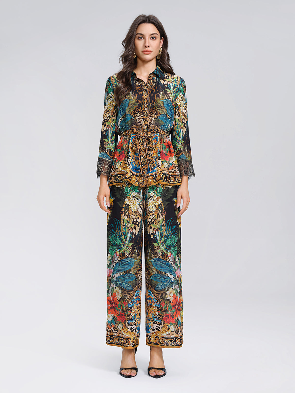 100% Silk Rhinestone Leopard Floral Shirt