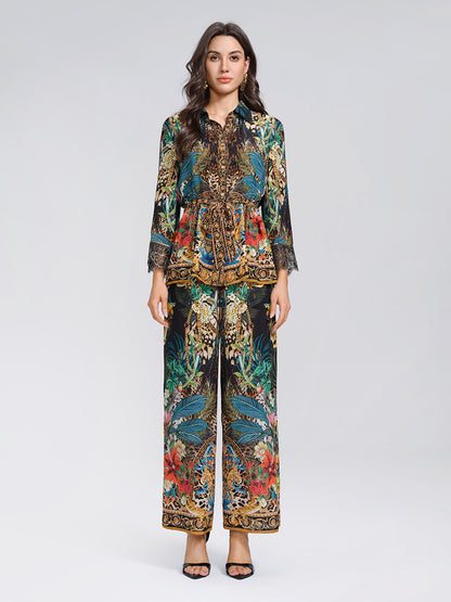 100% Silk Leopard Floral Wide Leg Pants