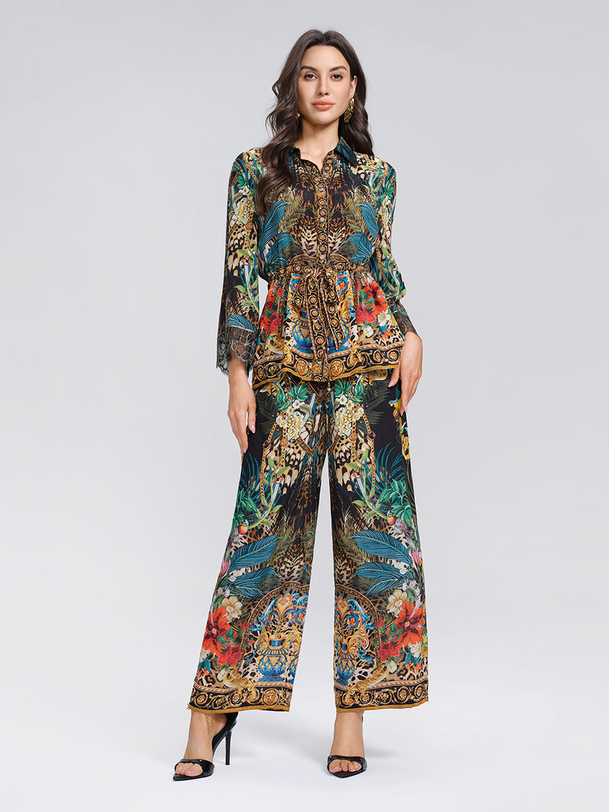100% Silk Leopard Floral Wide Leg Pants
