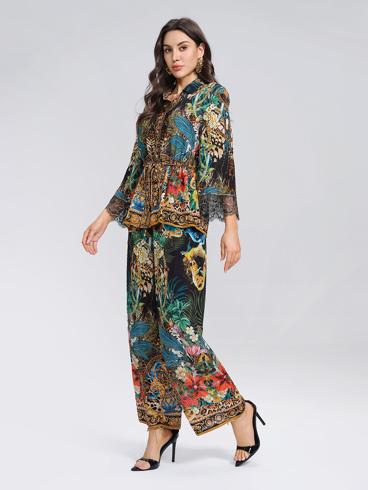 100% Silk Rhinestone Leopard Floral Shirt
