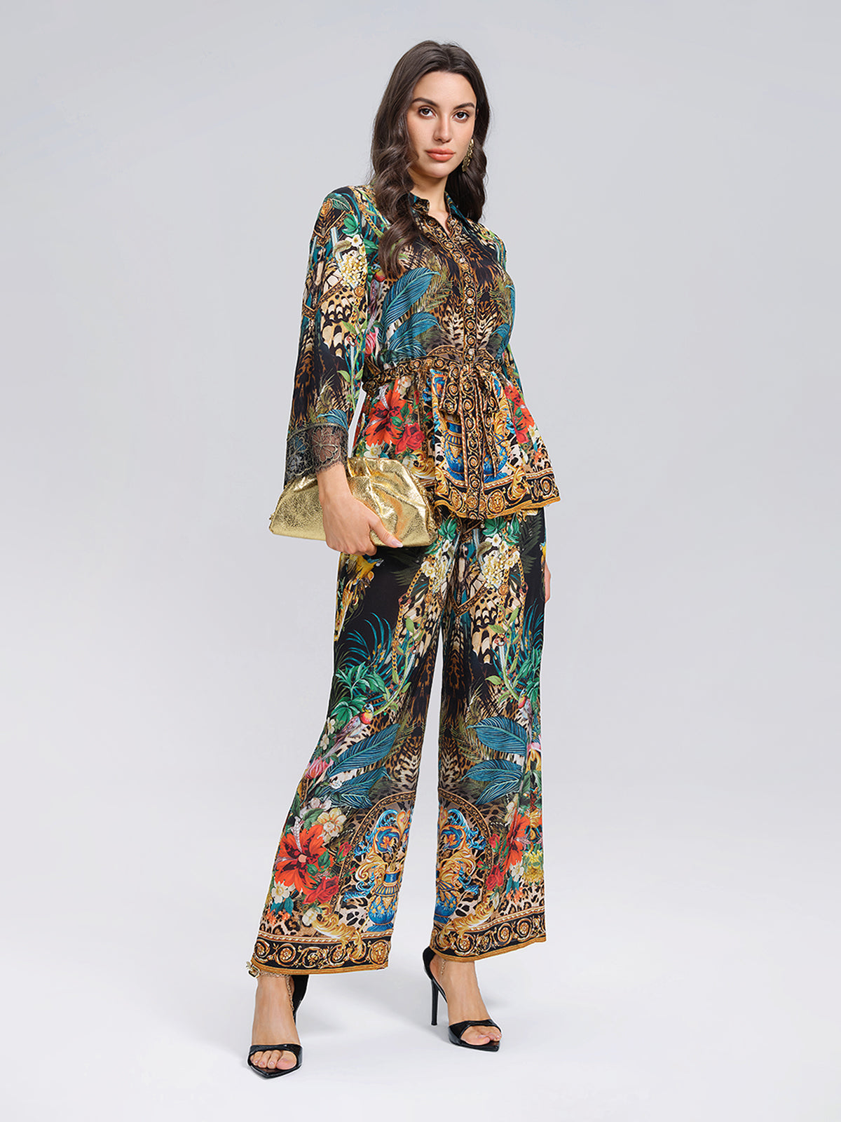 100% Silk Rhinestone Leopard Floral Shirt