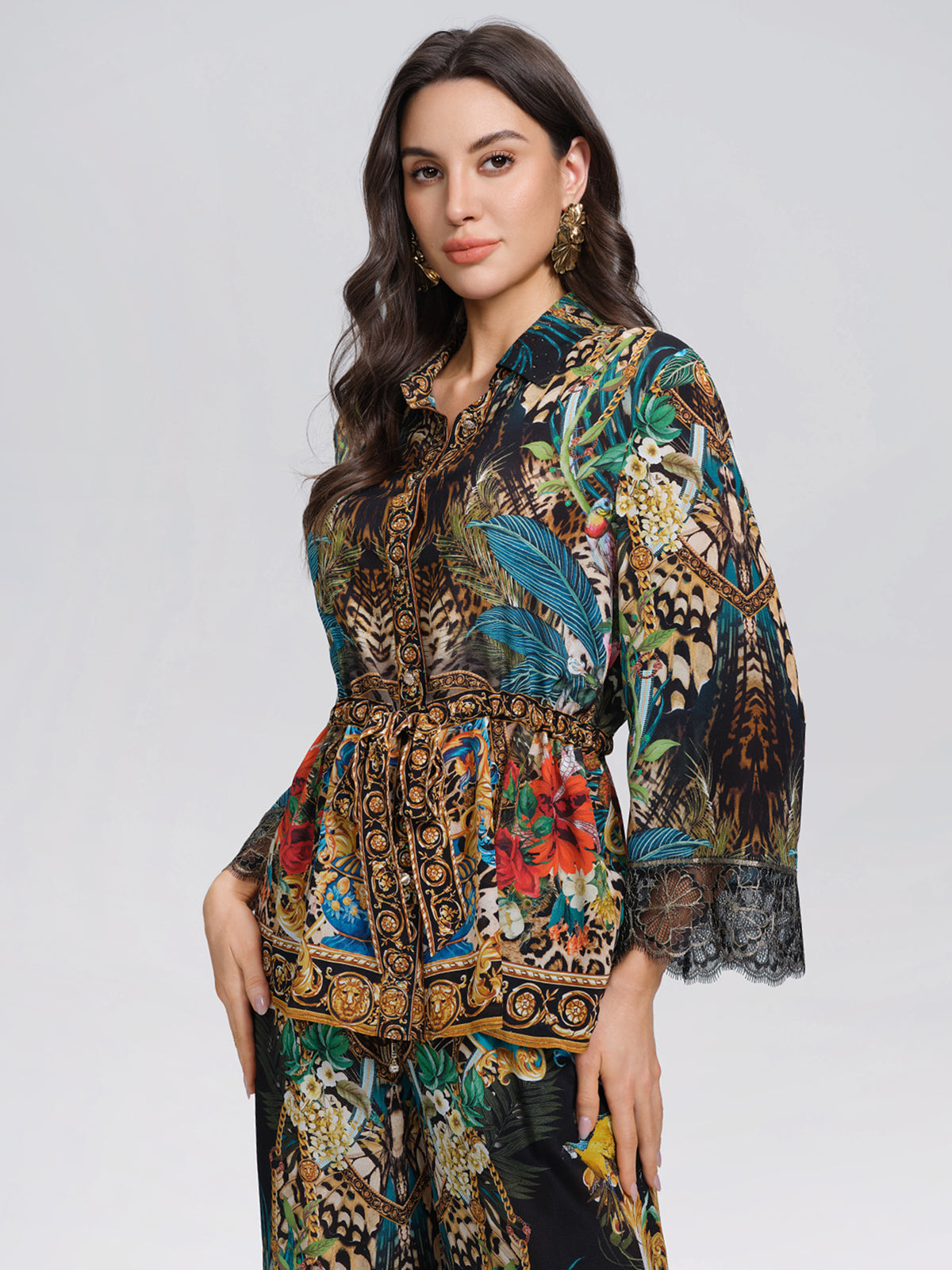 100% Silk Rhinestone Leopard Floral Shirt