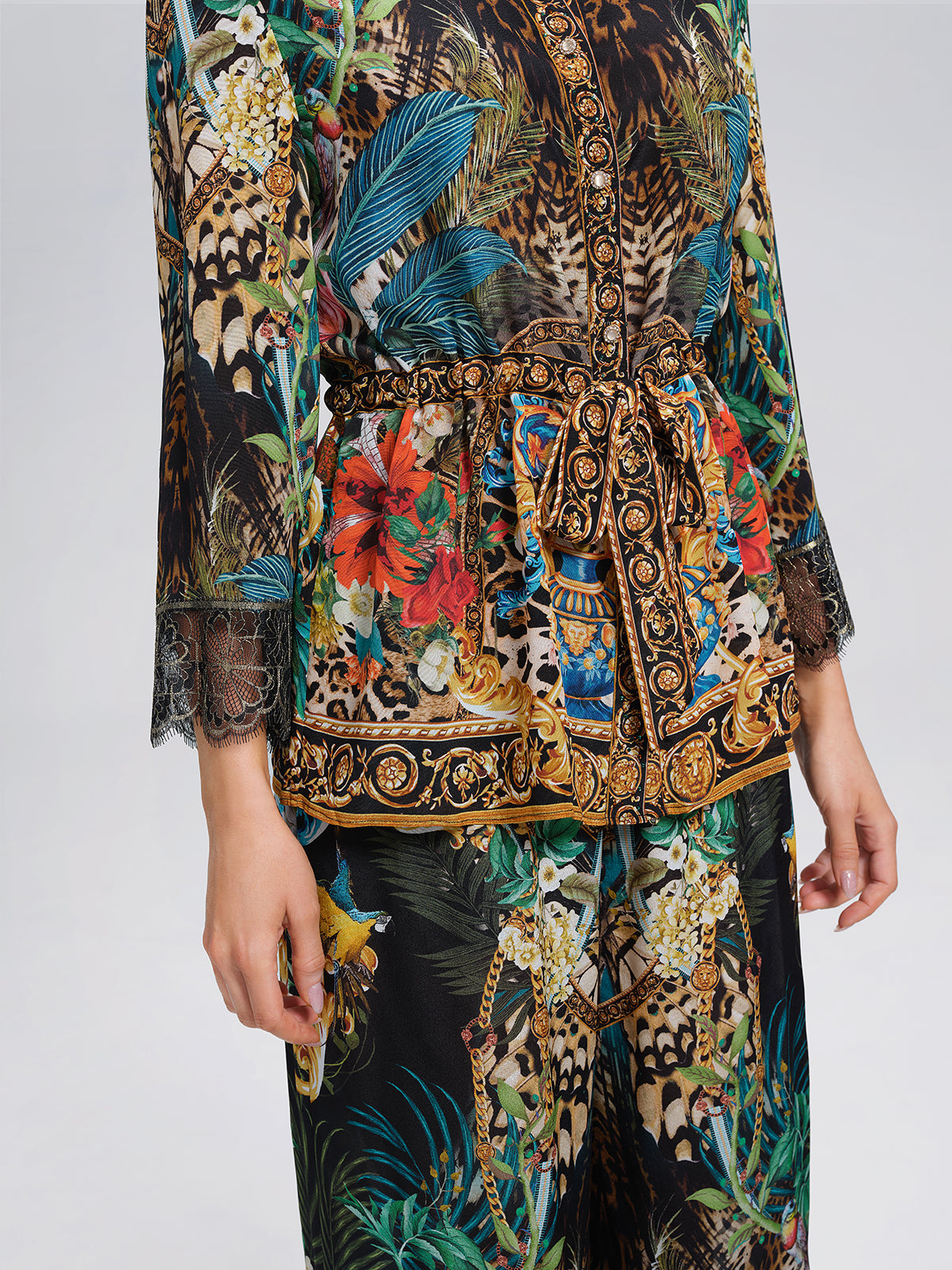 100% Silk Rhinestone Leopard Floral Shirt