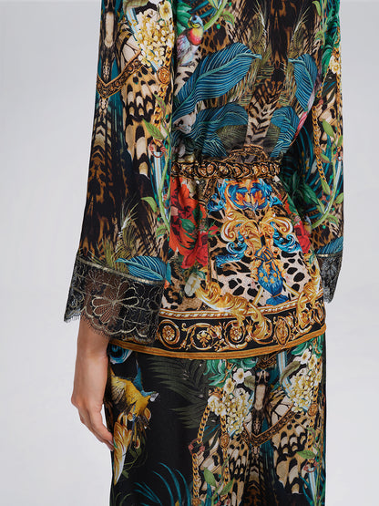 100% Silk Rhinestone Leopard Floral Shirt
