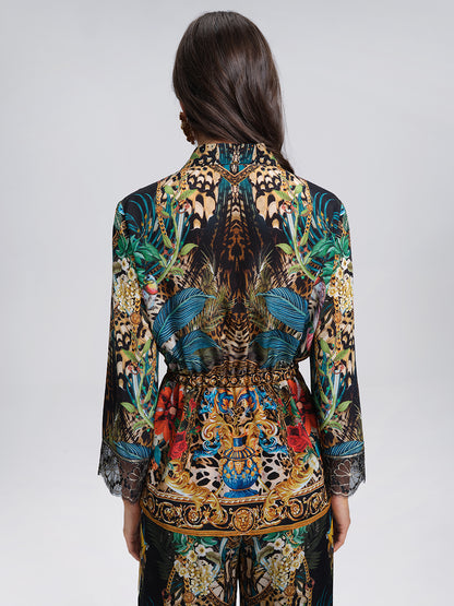 100% Silk Rhinestone Leopard Floral Shirt