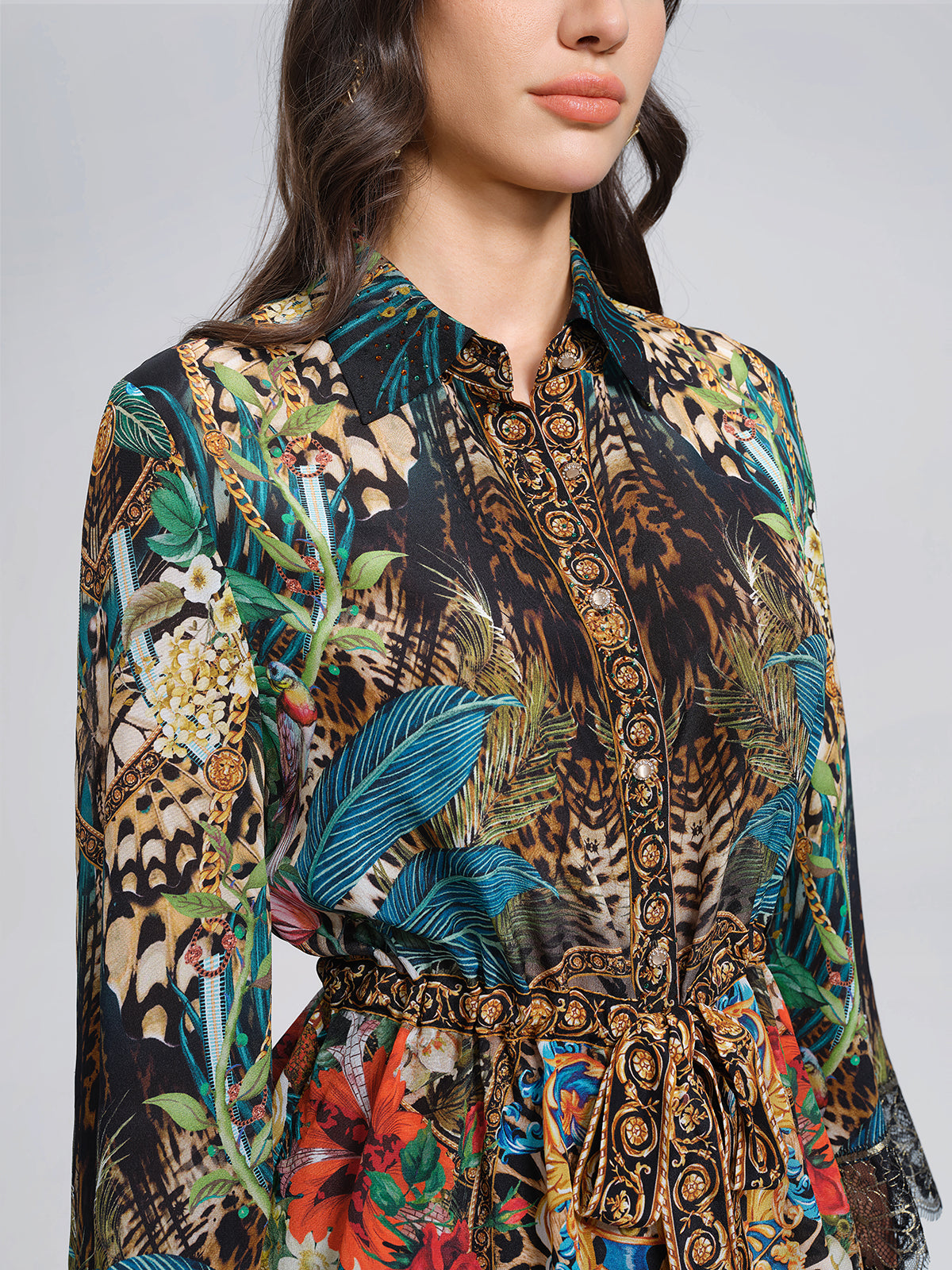 100% Silk Rhinestone Leopard Floral Shirt