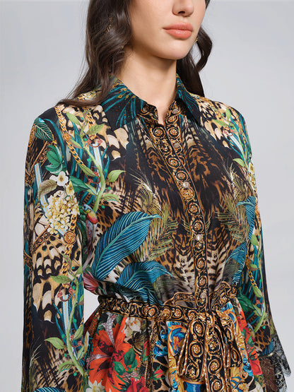 100% Silk Rhinestone Leopard Floral Shirt