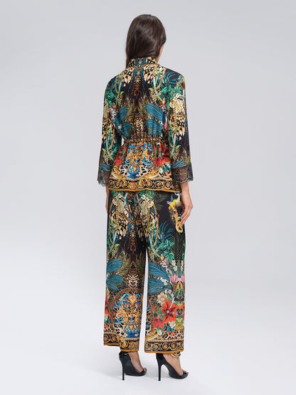 100% Silk Leopard Floral Wide Leg Pants