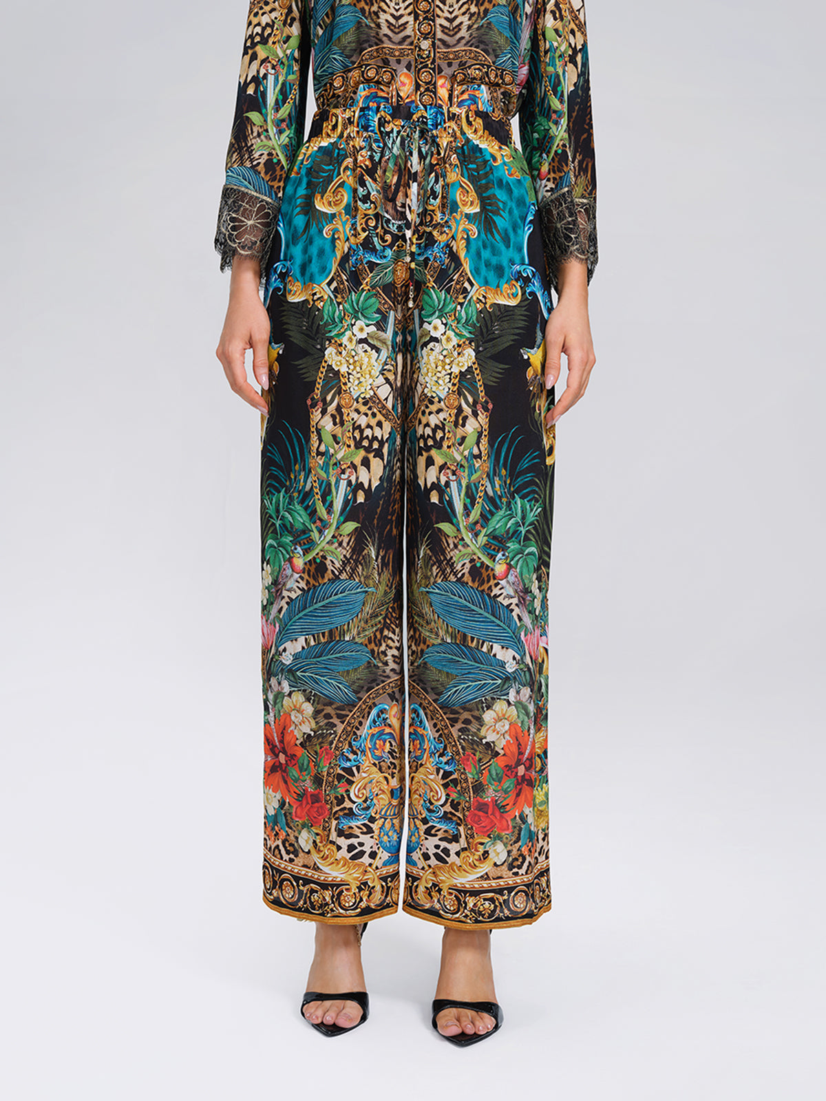 100% Silk Leopard Floral Wide Leg Pants