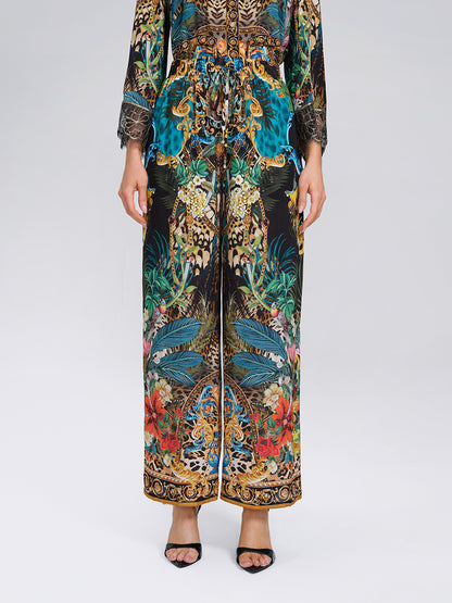 100% Silk Leopard Floral Wide Leg Pants