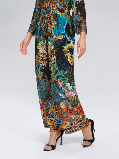 100% Silk Leopard Floral Wide Leg Pants