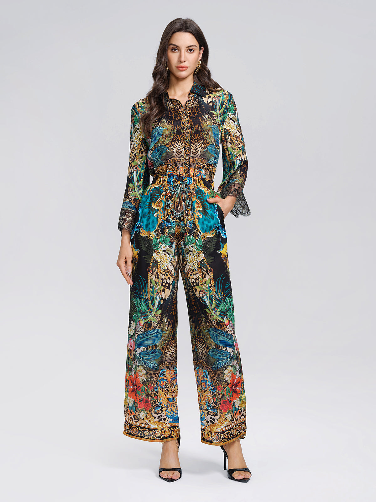 100% Silk Rhinestone Leopard Floral Shirt