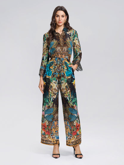 100% Silk Leopard Floral Wide Leg Pants