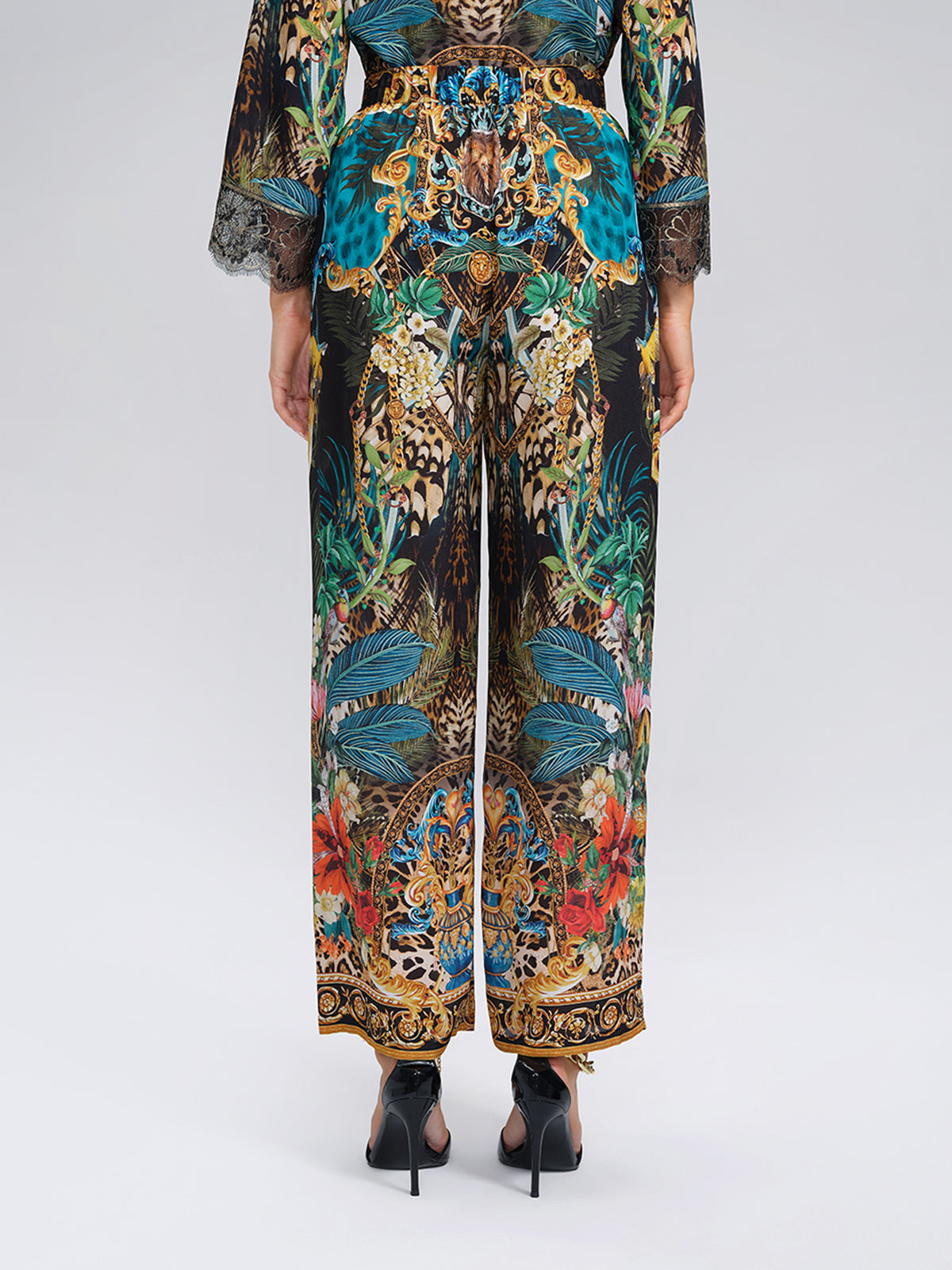 100% Silk Leopard Floral Wide Leg Pants