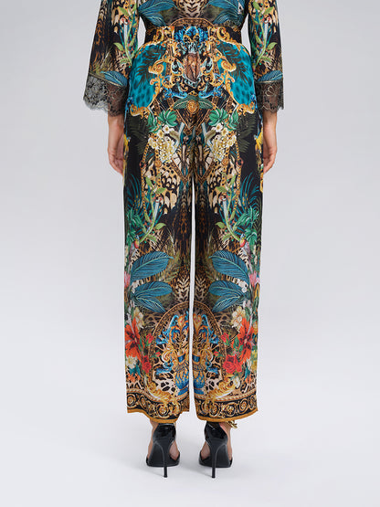 100% Silk Leopard Floral Wide Leg Pants