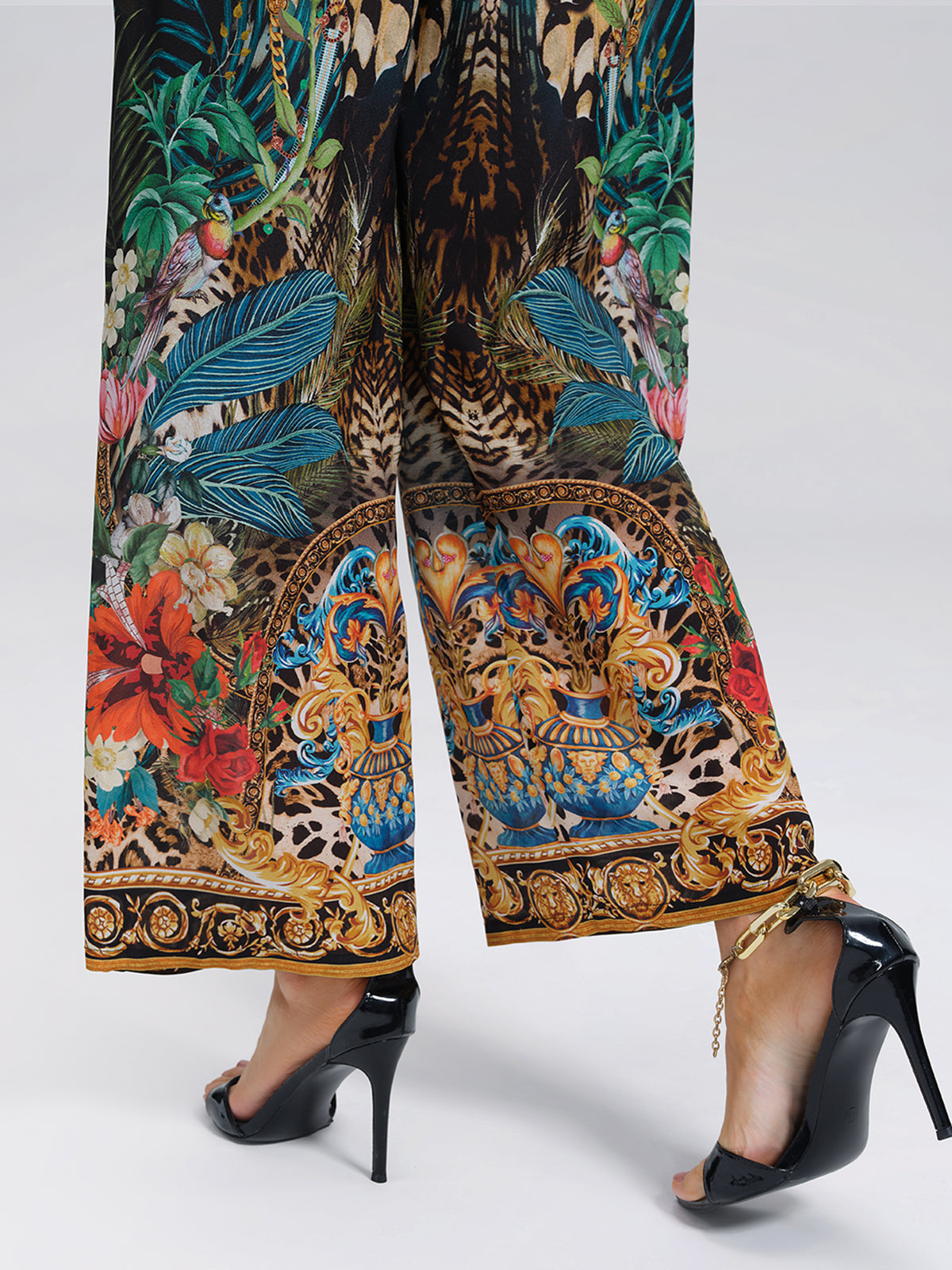 100% Silk Leopard Floral Wide Leg Pants